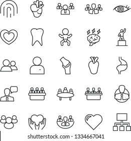 Thin Line Icon Set - baby vector, pedestal, team, brainstorm, meeting, heart, hand, stomach, real, tooth, eye, joint, client, speaker, group, user, fingerprint id, company, hierarchy