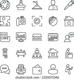 Thin Line Icon Set - baby room vector, reception, hierarchy, pen, meeting, statistic monitor, house, patient, term, no hook, shield, camera, network, dialog, speaker, user, news, printer, cheese