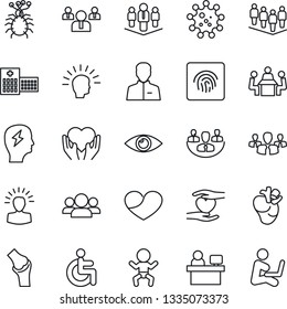 Thin Line Icon Set - baby vector, team, brainstorm, manager place, disabled, heart hand, real, eye, joint, hospital, virus, user, fingerprint id, company, meeting, group, shining head