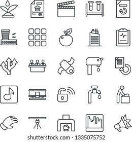 Thin Line Icon Set - baby room vector, airport building, document reload, glove, blood test vial, pulse clipboard, route, satellite, railroad, clapboard, menu, scanner, music, meeting, water supply