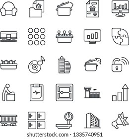 Thin Line Icon Set - baby room vector, airport building, checkroom, office, growth statistic, monitor, seedling, pulse clipboard, railroad, heavy scales, menu, scanner, music, application, meeting