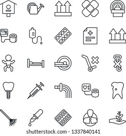 Thin Line Icon Set - baby vector, rake, watering can, bird house, diagnosis, syringe, blood pressure, dropper, pills blister, patch, tomography, hospital bed, caries, implant, client, up side sign