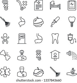 Thin Line Icon Set - baby vector, medical room, rake, watering, bird house, diagnosis, dropper, ambulance star, hospital bed, stomach, tooth, implant, broken bone, pulse clipboard, diet, doctor