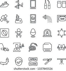 Thin Line Icon Set - baby vector, reception, watering, pruner, lawn mower, hose, caterpillar, ampoule, sea shipping, shield, satellite, radio phone, hdmi, mobile, compass, hr, windmill, egg stand
