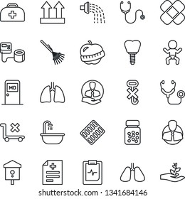 Thin Line Icon Set - baby vector, medical room, rake, watering, bird house, doctor case, diagnosis, stethoscope, blood pressure, pills bottle, blister, patch, lungs, implant, pulse clipboard, diet