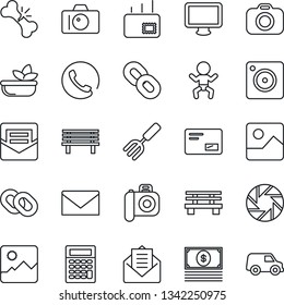 Thin Line Icon Set - baby vector, camera, mail, garden fork, bench, broken bone, monitor, chain, mobile, gallery, phone, salad, cash, calculator, car