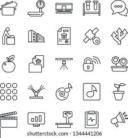 Thin Line Icon Set - baby room vector, statistic monitor, seedling, blood test vial, pulse clipboard, route, satellite, heavy scales, railroad, clapboard, dialog, menu, music, estate document