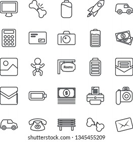 Thin Line Icon Set - baby vector, camera, printer, bench, broken bone, cash, monitor, battery, mail, gallery, calculator, rooms, phone, rocket, car