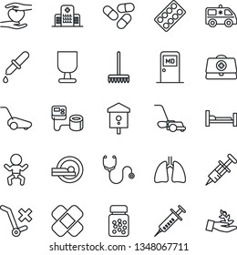 Thin Line Icon Set - baby vector, medical room, rake, lawn mower, bird house, doctor case, stethoscope, syringe, blood pressure, dropper, pills, bottle, blister, patch, tomography, ambulance car