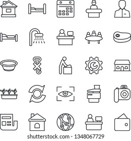 Thin Line Icon Set - baby room vector, reception, bed, shower, meeting, manager place, house, seedling, no hook, camera, network, user, calendar, root setup, update, news, copier, bedroom, steak