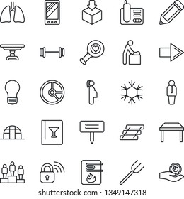 Thin Line Icon Set - baby room vector, right arrow, manager, pedestal, bulb, pencil, circle chart, farm fork, plant label, greenhouse, heart diagnostic, barbell, lungs, pregnancy, package, mobile