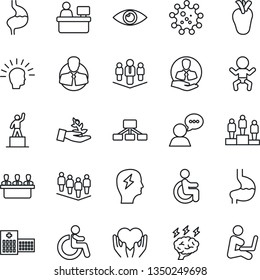 Thin Line Icon Set - baby vector, disabled, pedestal, team, brainstorm, manager place, heart hand, stomach, real, eye, hospital, virus, client, speaker, meeting, company, palm sproute, shining head
