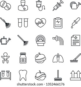 Thin Line Icon Set - baby vector, rake, watering can, heart pulse, diagnosis, syringe, blood test vial, dropper, pills, bottle, tomography, lungs, tooth, clipboard, diet, doctor, up side sign