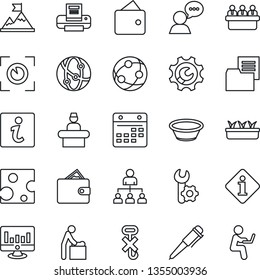Thin Line Icon Set - baby room vector, reception, hierarchy, pen, meeting, statistic monitor, seedling, folder document, no hook, network, speaker, calendar, root setup, printer, bowl, cheese