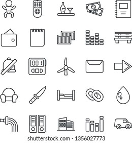 Thin Line Icon Set - baby vector, right arrow, office binder, notepad, watering, water drop, bench, cash, cargo container, equalizer, chain, stopwatch, mute, copybook, mail, windmill, building, car