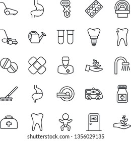 Thin Line Icon Set - baby vector, medical room, rake, watering can, lawn mower, doctor case, blood test vial, pills, bottle, blister, patch, tomography, ambulance car, stomach, tooth, caries