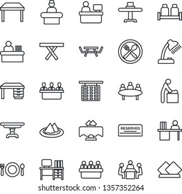 Thin Line Icon Set - baby room vector, reception, flight table, desk, meeting, manager place, picnic, lamp, restaurant, serviette, cafe, reserved, salt and pepper