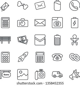 Thin Line Icon Set - baby vector, camera, mail, bench, broken bone, cash, chain, battery, gallery, photo, calculator, rooms, phone, rocket, car, advertising