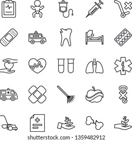 Thin Line Icon Set - baby vector, rake, lawn mower, heart pulse, diagnosis, syringe, blood test vial, dropper, pills blister, patch, ambulance star, car, hospital bed, hand, lungs, caries, clipboard