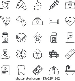 Thin Line Icon Set - baby vector, medical room, heart pulse, doctor case, diagnosis, syringe, pills, bottle, blister, patch, ambulance star, car, hospital bed, hand, stomach, lungs, tooth, client