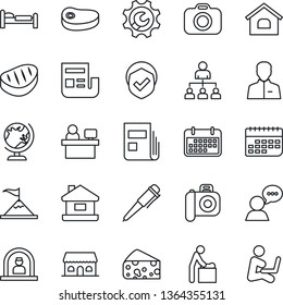 Thin Line Icon Set - baby room vector, reception, globe, bed, hierarchy, pen, manager place, term, shield, camera, speaker, user, root setup, news, house, cafe building, steak, cheese, motivation
