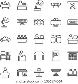 Thin Line Icon Set - baby room vector, reception, flight table, medical, desk, meeting, manager place, picnic, lamp, restaurant, serviette, cafe, reserved, salt and pepper