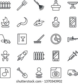 Thin Line Icon Set - baby vector, reception, stamp, boarding, mobile phone, job, circle chart, farm fork, fence, rake, lawn mower, fire, sickle, syringe, music, photo gallery, pond, table, wine card