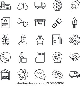Thin Line Icon Set - baby room vector, manager, sproute, lady bug, diagnosis, lungs, broken bone, traffic light, car delivery, dialog, chain, hdmi, settings, sd, torch, root setup, news, ink pen