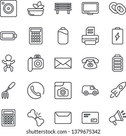Thin Line Icon Set - baby vector, mail, printer, garden fork, bench, broken bone, camera, monitor, chain, battery, mobile, photo gallery, phone, salad, rocket, calculator, car, advertising
