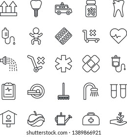 Thin Line Icon Set - baby vector, rake, watering can, bird house, heart pulse, doctor case, blood test vial, dropper, pills bottle, blister, patch, tomography, ambulance star, car, caries, implant