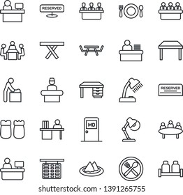 Thin Line Icon Set - baby room vector, reception, flight table, medical, desk, meeting, manager place, picnic, lamp, serviette, cafe, reserved, salt and pepper