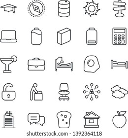 Thin Line Icon Set - baby room vector, bed, clouds, hierarchy, office chair, graduate, house, sun, hospital, signpost, oil barrel, dialog, low battery, compass, case, calculator, blank box, lock