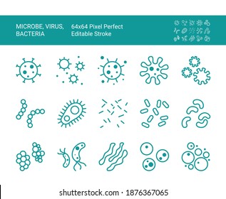 Thin line icon set with bacterium, virus, microbe. 64x64 Pixel Perfect. Editable Stroke.