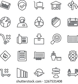 Thin Line Icon Set - baggage trolley vector, route, signpost, earth, plane, traffic light, office phone, support, client, truck trailer, cargo container, term, sea port, clipboard, no, warehouse