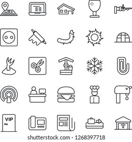 Thin Line Icon Set - baggage conveyor vector, boarding, notebook pc, manager place, sproute, sun, well, greenhouse, caterpillar, navigation, fragile, news, cut, paper clip, house with garage, cook