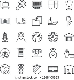 Thin Line Icon Set - baggage trolley vector, earth, pin, store, plane, traffic light, office phone, client, sea shipping, truck trailer, car delivery, clock, port, consolidated cargo, clipboard