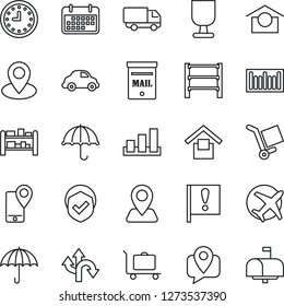 Thin Line Icon Set - baggage trolley vector, route, navigation, pin, important flag, plane, mobile tracking, car delivery, clock, term, fragile, cargo, umbrella, warehouse storage, sorting, shield
