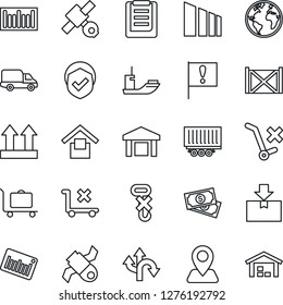 Thin Line Icon Set - baggage trolley vector, route, navigation, earth, important flag, satellite, cash, sea shipping, truck trailer, car delivery, container, clipboard, warehouse storage, no, hook