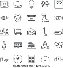 Thin Line Icon Set - baggage trolley vector, cafe, pedestal, calculator, notebook pc, bulb, boot, butterfly, scales, eye, pregnancy, railroad, sea shipping, shield, clock, hr, hierarchy, ladle, case
