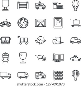 Thin Line Icon Set - baggage trolley vector, airport bus, parking, train, alarm car, fork loader, seat map, building, wheelbarrow, ambulance, bike, earth, plane, truck trailer, delivery, container