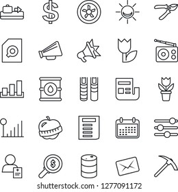 Thin Line Icon Set - baggage conveyor vector, dollar sign, document, flower in pot, pruner, diet, patient, tulip, sorting, oil barrel, radio, loudspeaker, tuning, cellular signal, news, search, book
