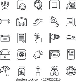 Thin Line Icon Set - baggage conveyor vector, umbrella, escalator, wind, plane globe, manager, document search, money bag, glove, fertilizer, pills bottle, news, touch screen, stop button, lock