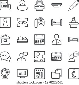 Thin Line Icon Set - baggage conveyor vector, female, reception, globe, bed, pen, statistic monitor, house, patient, term, folder document, camera, dialog, speaker, user, calendar, news, printer