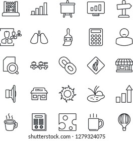 Thin Line Icon Set - baggage larry vector, growth statistic, abacus, presentation board, monitor, sun, pond, lungs, patient, store, speaker, chain, themes, coffee, bar graph, document search, hr
