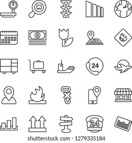 Thin Line Icon Set - baggage trolley vector, signpost, navigation, earth, store, plane, cash, traffic light, 24 hours, mobile tracking, sea shipping, term, consolidated cargo, up side sign, no hook