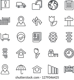 Thin Line Icon Set - baggage trolley vector, route, signpost, navigation, earth, pin, important flag, traffic light, cargo container, car delivery, clock, receipt, sea port, clipboard, umbrella