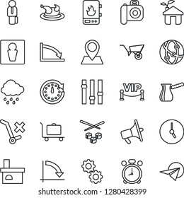 Thin Line Icon Set - baggage trolley vector, alarm clock, male, crisis graph, wheelbarrow, rain, fireplace, pin, no, camera, loudspeaker, settings, network, manager, vip zone, chicken, sushi, gear