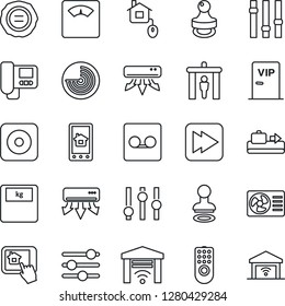 Thin Line Icon Set - baggage conveyor vector, security gate, stamp, radar, scales, settings, fast forward, rec button, tuning, record, air conditioner, vip zone, home control, remote, intercome, app