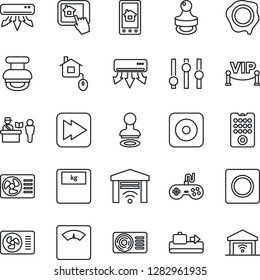 Thin Line Icon Set - baggage conveyor vector, passport control, stamp, scales, gamepad, settings, fast forward, rec button, record, air conditioner, vip zone, home, remote, app, garage gate