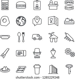 Thin Line Icon Set - baggage conveyor vector, spoon and fork, ticket, office building, identity card, calculator, pennant, manager place, saw, earth, mobile tracking, paper tray, serviette, wine